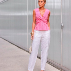 blusa em viscose, listrada peplum com torção no decote